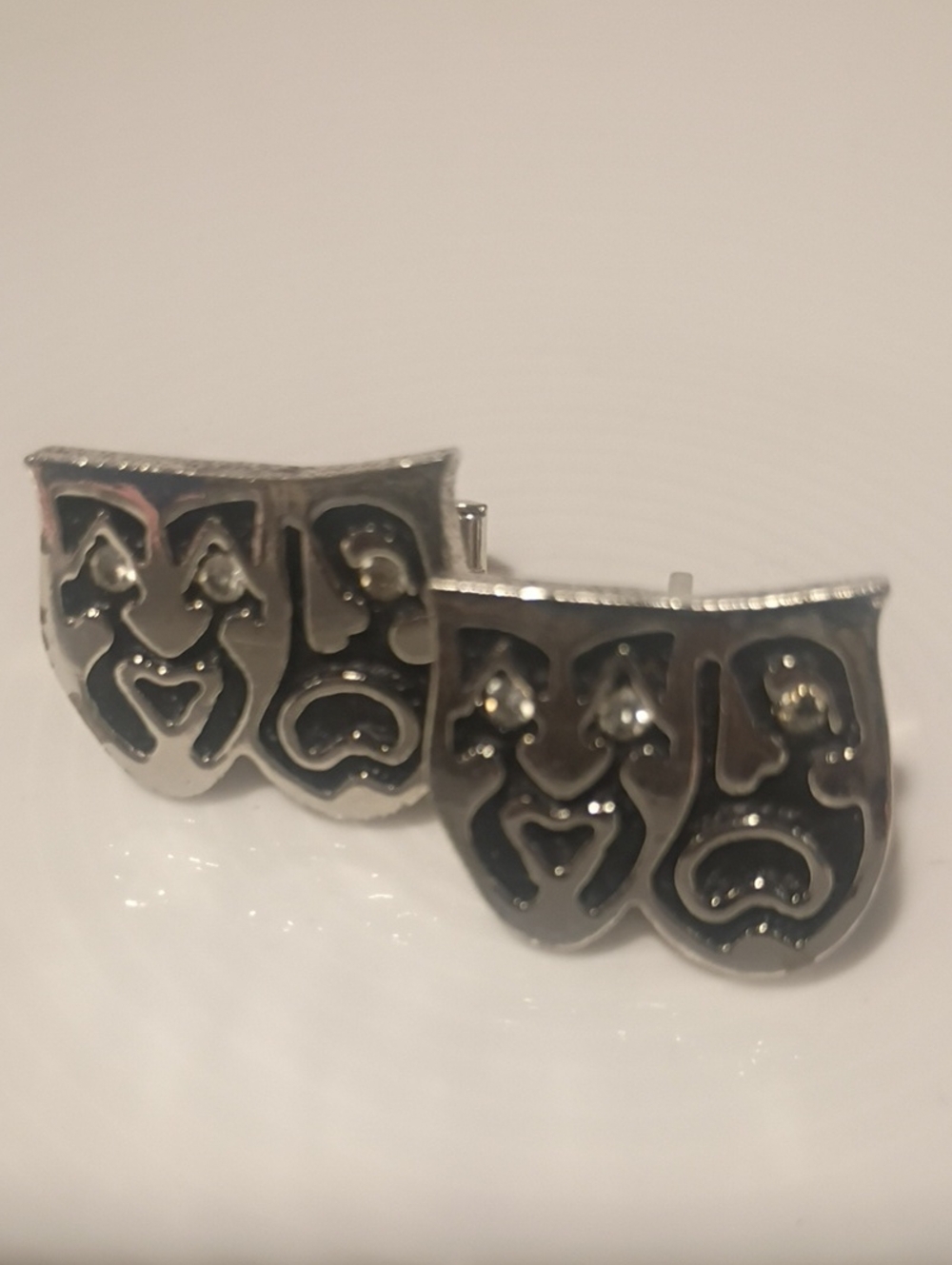 Swank Vintage Silver Tone  Theater Mask Mens Cuff Links Rhinestone Eyes